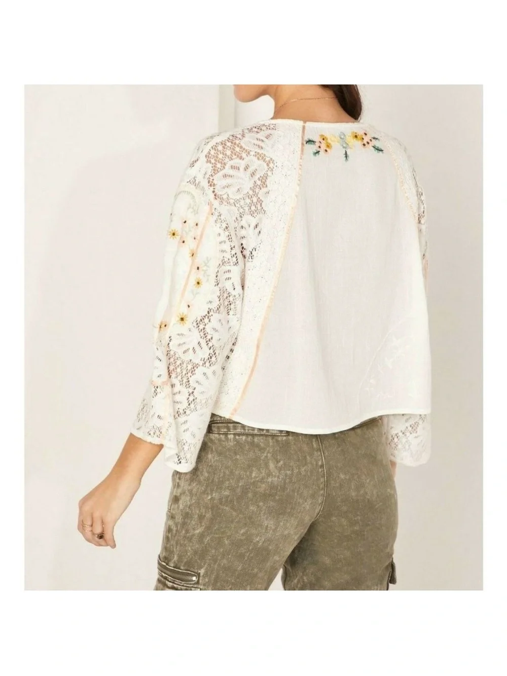 Free People Paris Picnic White Embroidered Lace Bell Sleeve Tunic
